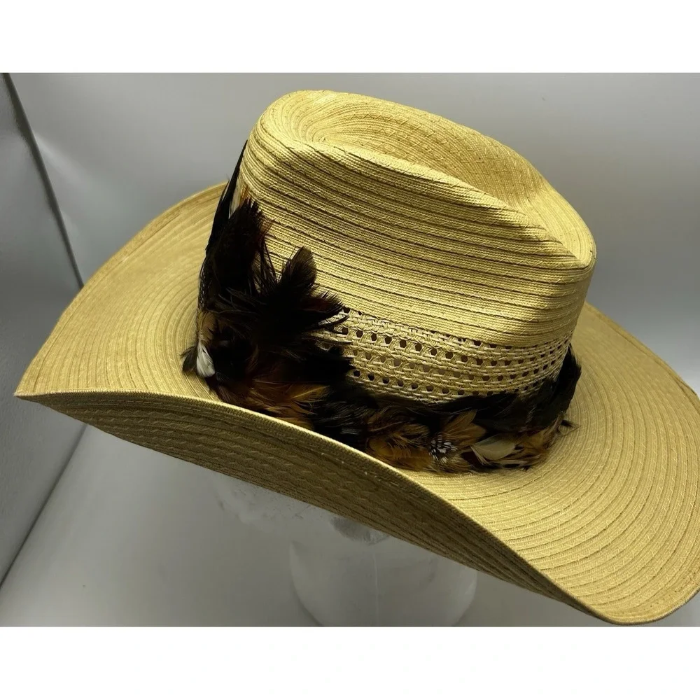 Straw Cowboy Hat Laredo Texas Western Beige Feather Hat Band Mens Womens 6 7/8